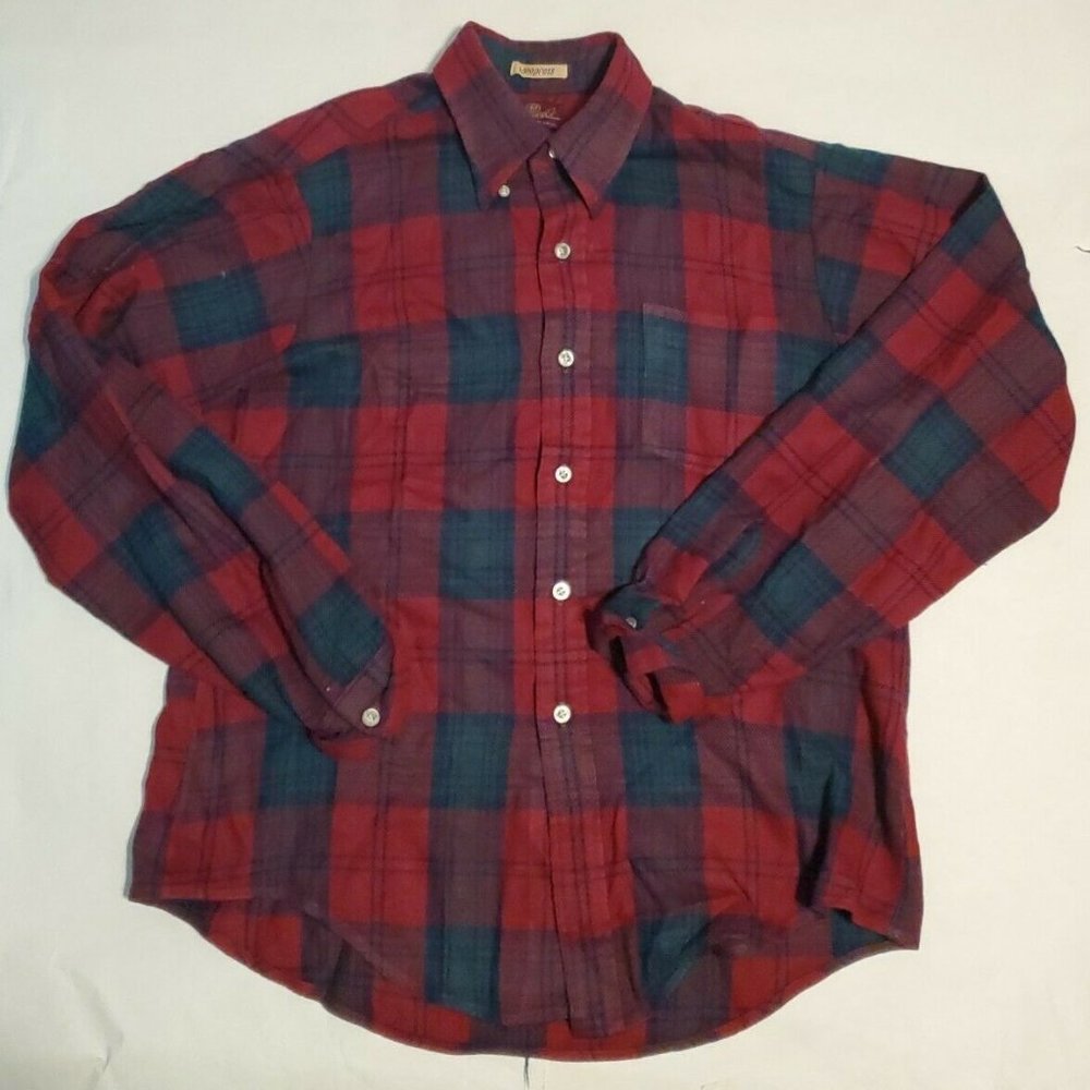 Vintage VAN HEUSEN Vanopress Wool Flannel Loop Collar Red Green Plaid Shirt Sz M